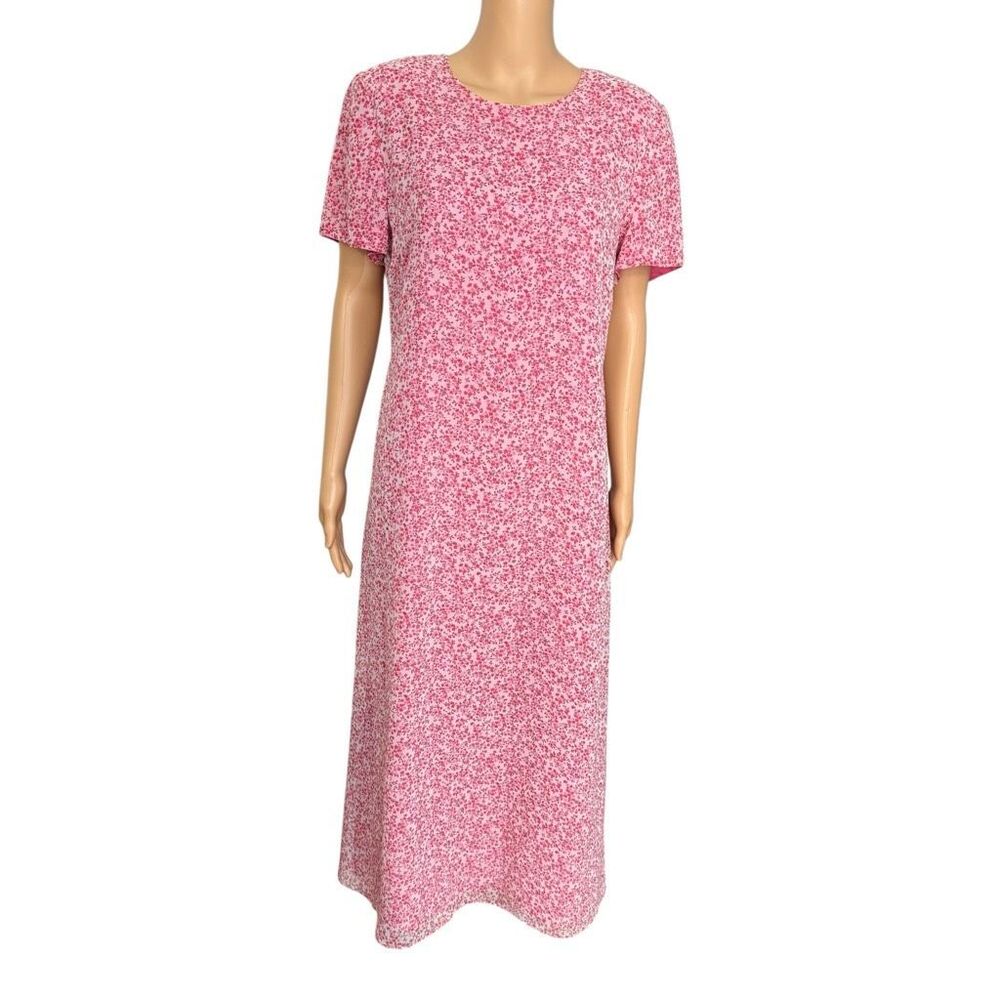 Talbots Vintage Floral Maxi Dress Size 12 Pink Short Sleeve Lined